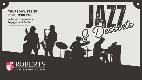 A poster that is dark and light gray. There are silhouettes of people playing the cello, saxophone, drums, and piano. 