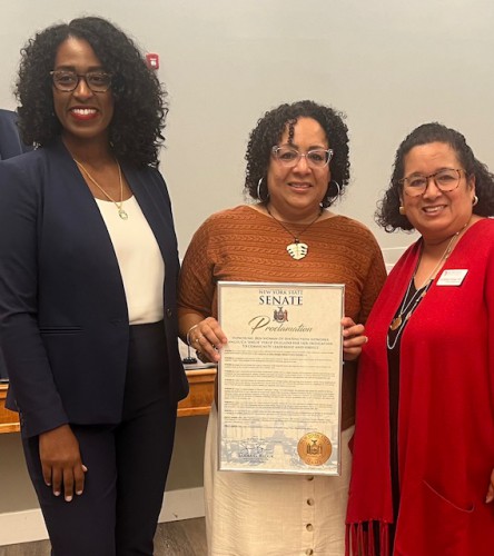 Left to Right: New York State Senator Samra Brouk, Angelica Perez-Delgado, and Director of Major Giving at Roberts Wesleyan University, Lisa Martinez DeVinney