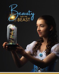 A poster of the show with a black background. A young woman holds a candle and the words Beauty and the Beast are above her.