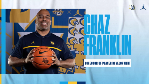 Chaz Franklin smiles while holding a basketball next to the words Chaz Franklin Director of Player Development