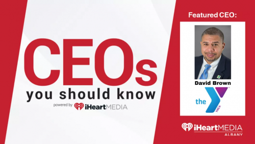 A red and white graphic that says CEOs you should know powered by iHeartMEDIA and Featured CEO: David Brown and the YMCA logo.