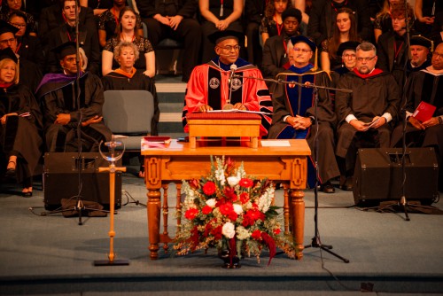 Dr. Hayles gives a speech during his inauguration.