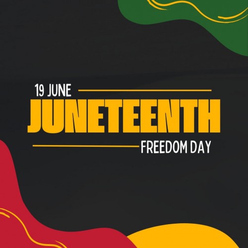 A black background with red, green, and red artistic elements. The words 19 June Juneteenth Freedom Day