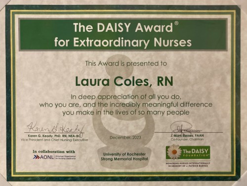 Laura Cole's DAISY Award certificate.