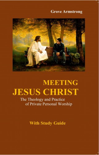 An orange-ish brown cover with a photo of what is supposed to be Jesus and another man on a bench. Text on the cover includes 