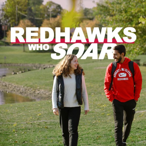 2 students ouside on campus and Redhawks Who Soar