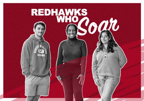 3 students stand and there's a red background with 