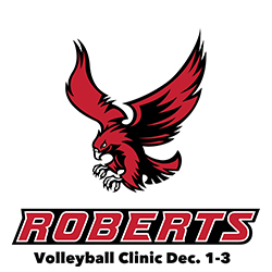 Roberts Redhawks athletics logo with Volleyball Clinic Dec.1-3 underneath